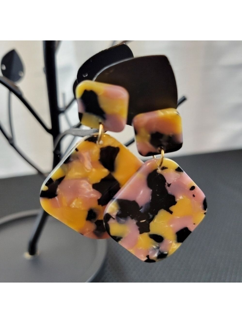 Shades of Soft Pink/Mustard/Black Acrylic Tortoise Earrings (#E15)